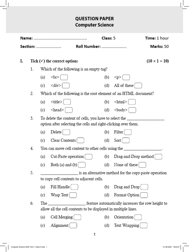 Computer Science Quiz for Class 5 | PDF | Html | Spreadsheet