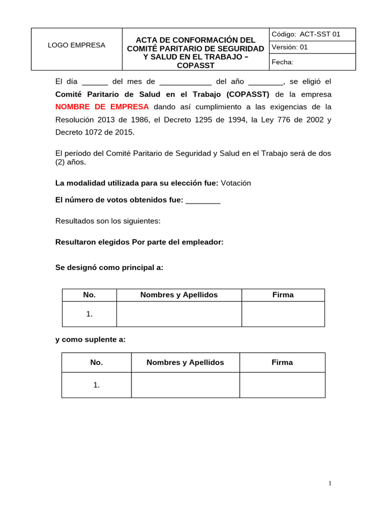 Acta de Conformación COPASST 2023 | PDF