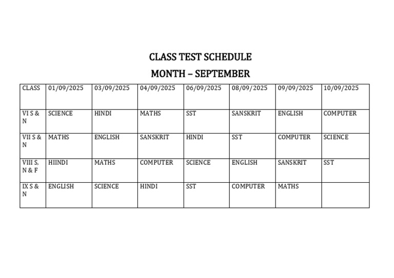 September Class Test Schedule 2025 | PDF