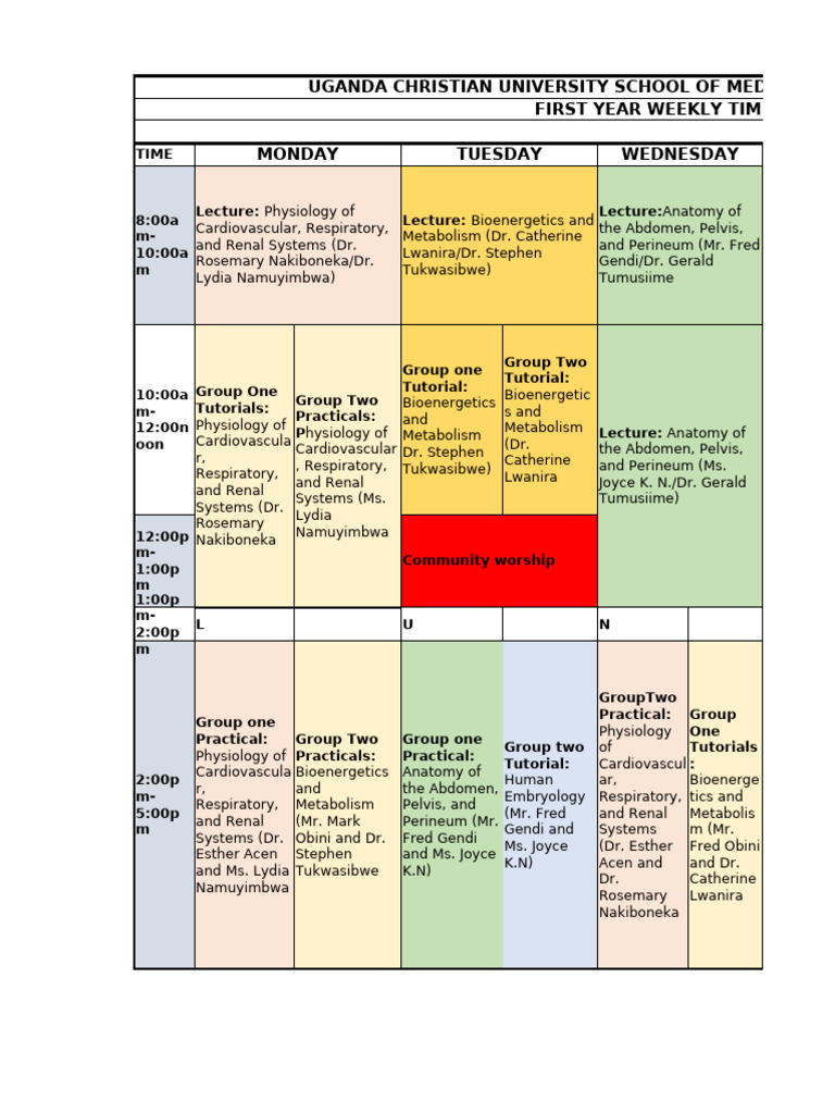 UCU School of Medicine Weekly Timetable | PDF | Animal Physiology ...