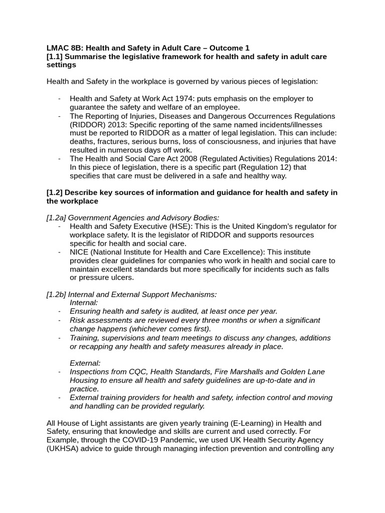 Health & Safety in Adult Care Overview | PDF | Occupational Safety And ...