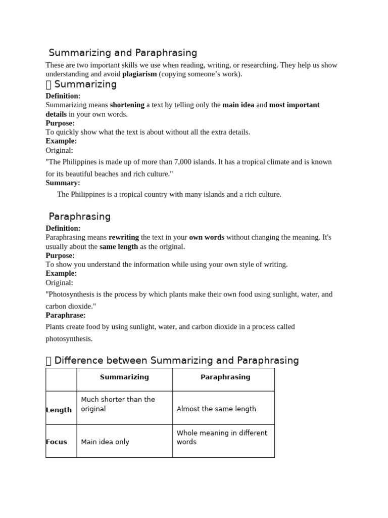 Summarizing vs. Paraphrasing Guide | PDF