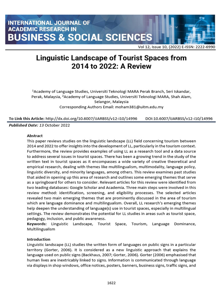 Linguistic Landscape of Tourist Spaces From 2014 To 2022 A Review | PDF ...