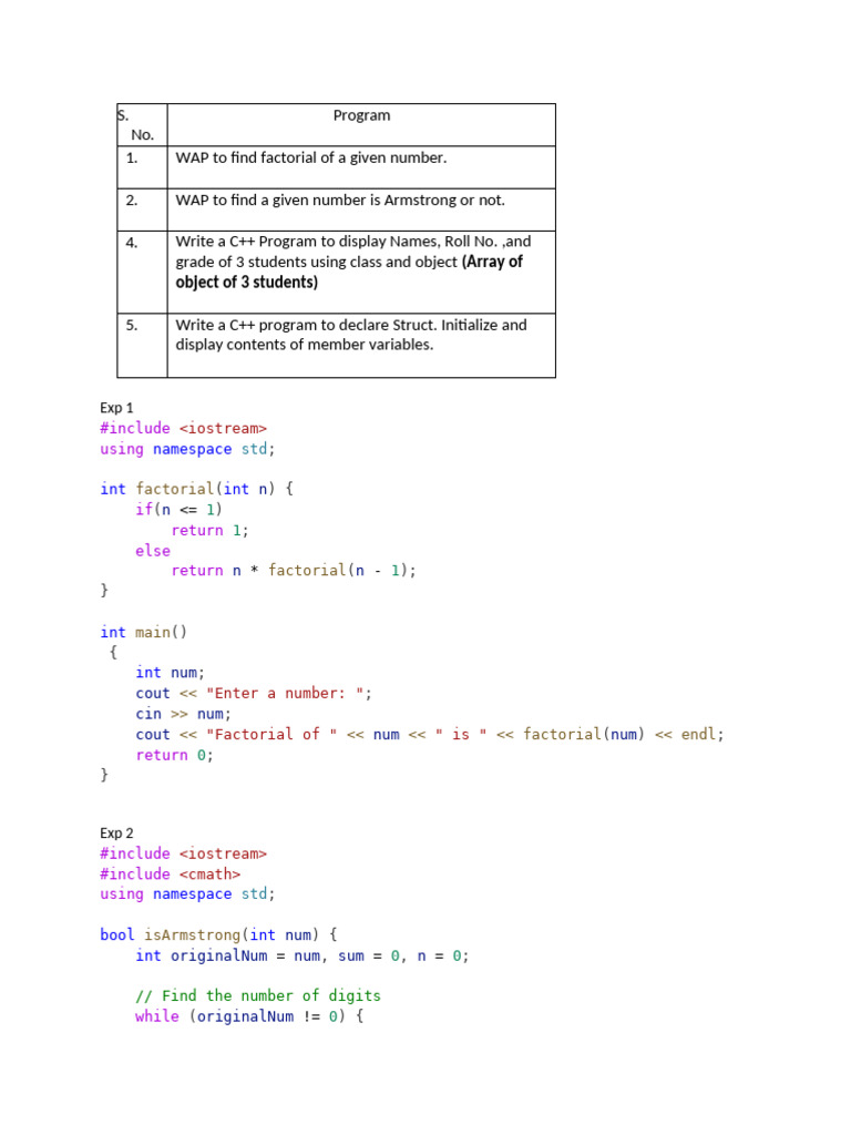 C++ Programs: Factorial & Armstrong Check | PDF