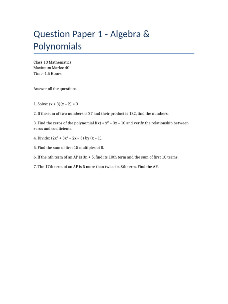 Class 10 Algebra & Polynomials Exam | PDF