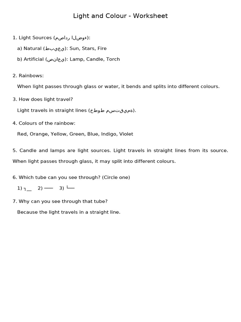 Light and Colour Worksheet | PDF