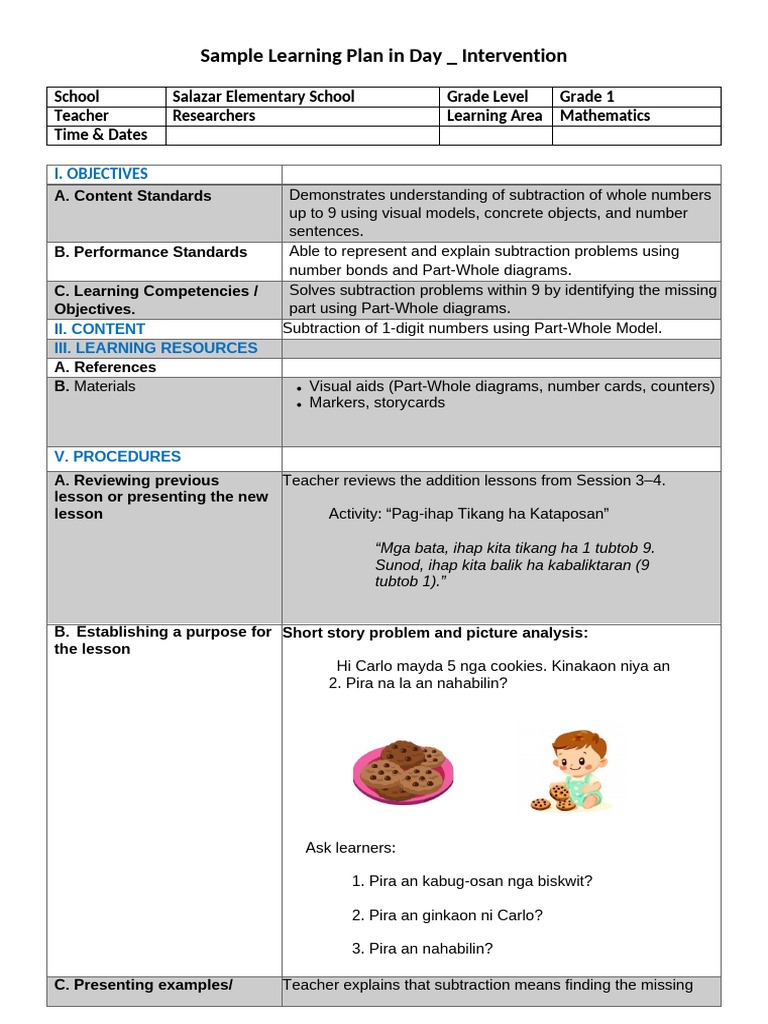 Subtraction Learning Plan for Grade 1 | PDF | Learning | Behavior ...