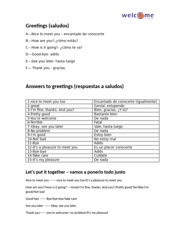 Essential Spanish Greetings and Responses | PDF