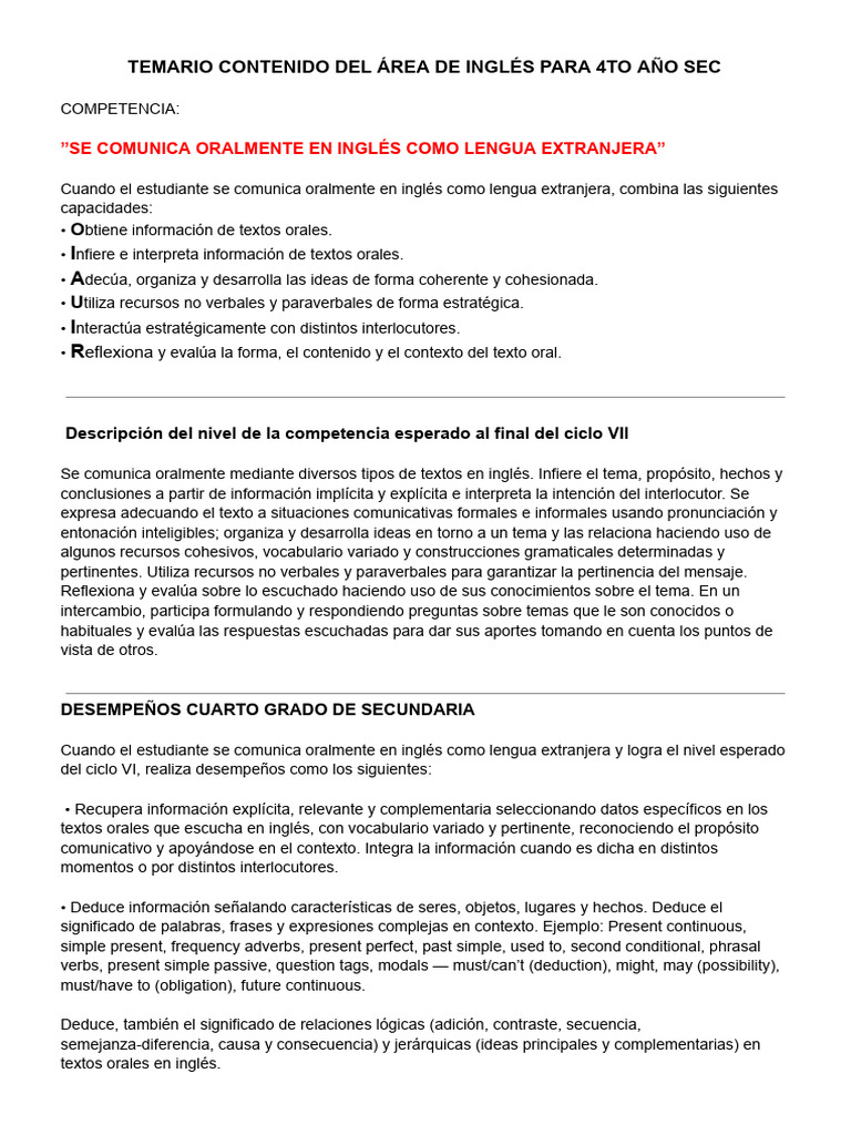 Temario de Inglés 4to Secundaria | PDF | Experiencia | Idioma en Inglés