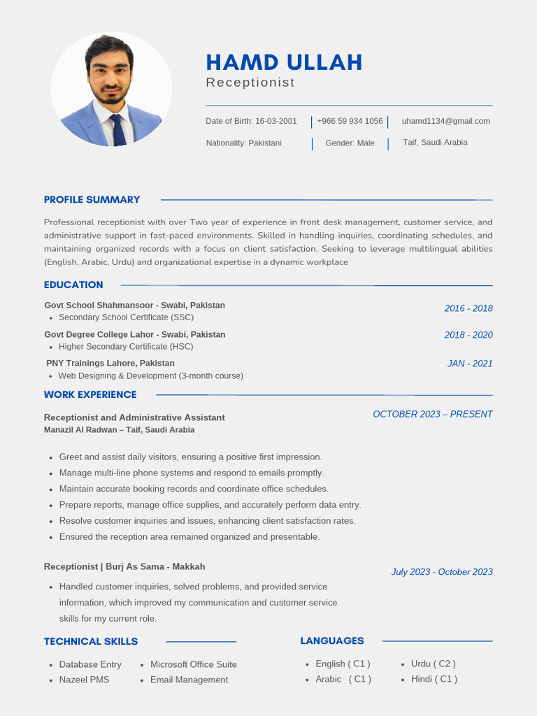 Experienced Receptionist Profile | PDF