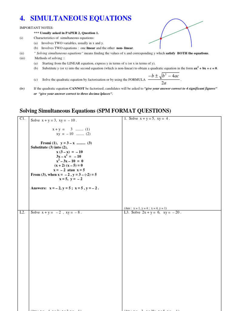 4 Simultaneous Equations Quadratic Equation Applied Mathematics