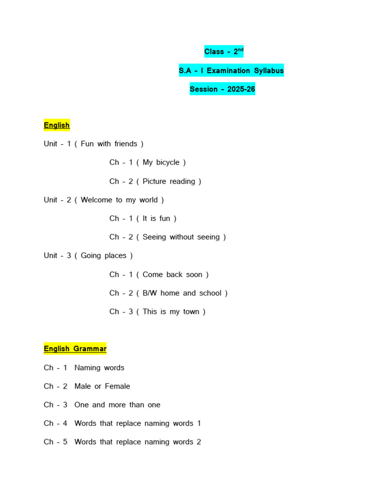 Class - 2 S.A - I Examination Syllabus Session - 2025-26 | PDF