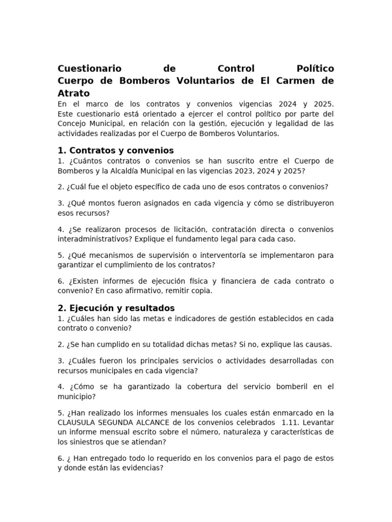 Cuestionario de Control Político Bomberos 2024-2025 | PDF | Bombero ...