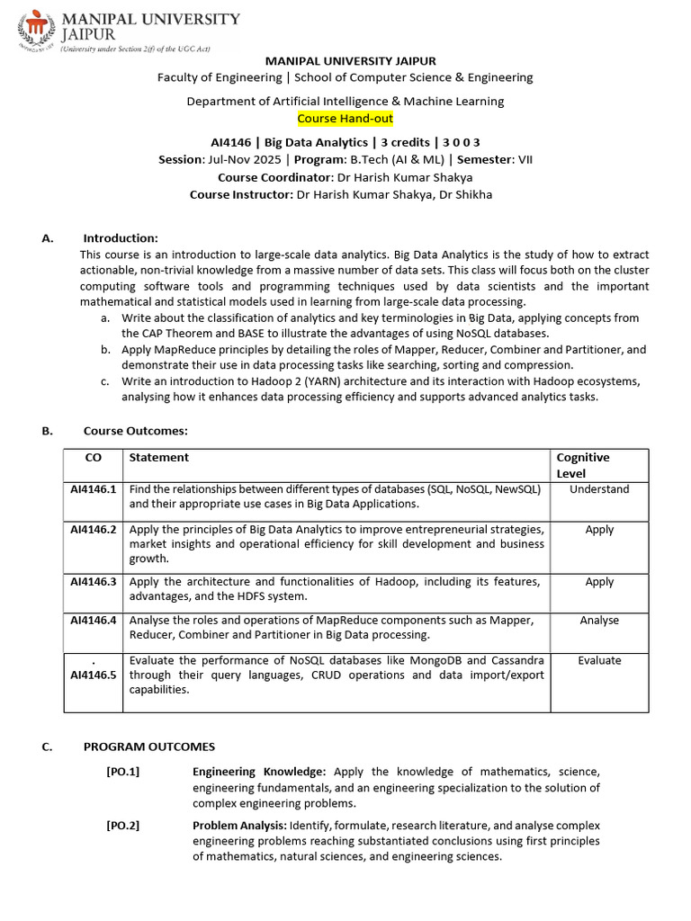 Ai4146 - Bda - Course Handout | PDF | No Sql | Engineering