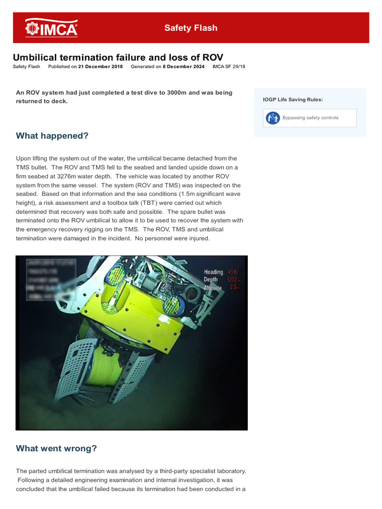 Umbilical Termination Failure and Loss of ROV | PDF