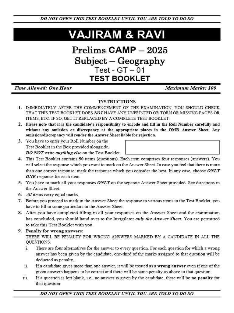 Test 16 (Geography-1) QP CAMP Test 2025 | PDF | Earth | Plate Tectonics