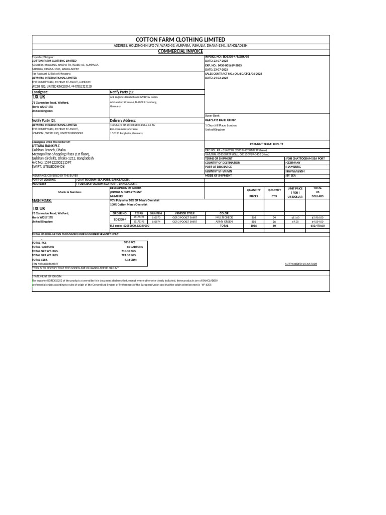 Cotton Farm Clothing Invoice Details | PDF | International Trade ...