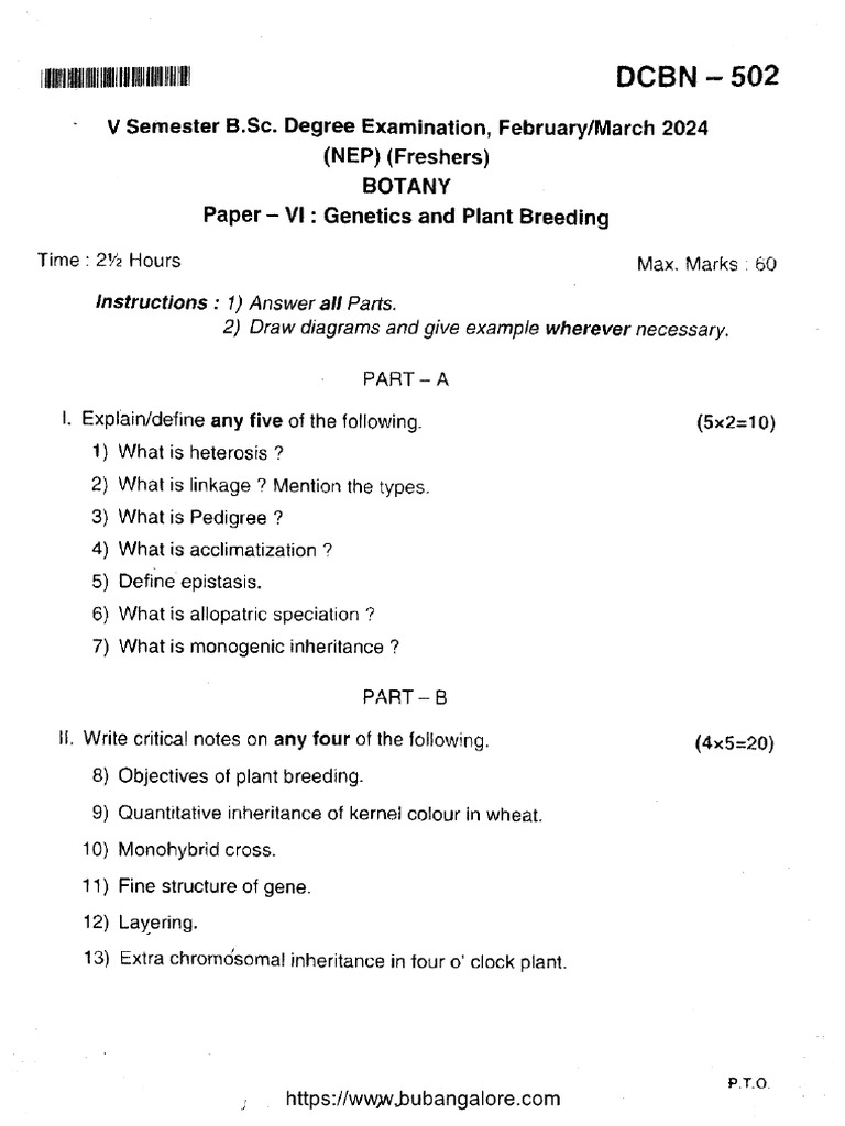 BSC 5 Sem Botany p6 Genetics and Plant Breeding DCBN 502 Mar 2024 | PDF