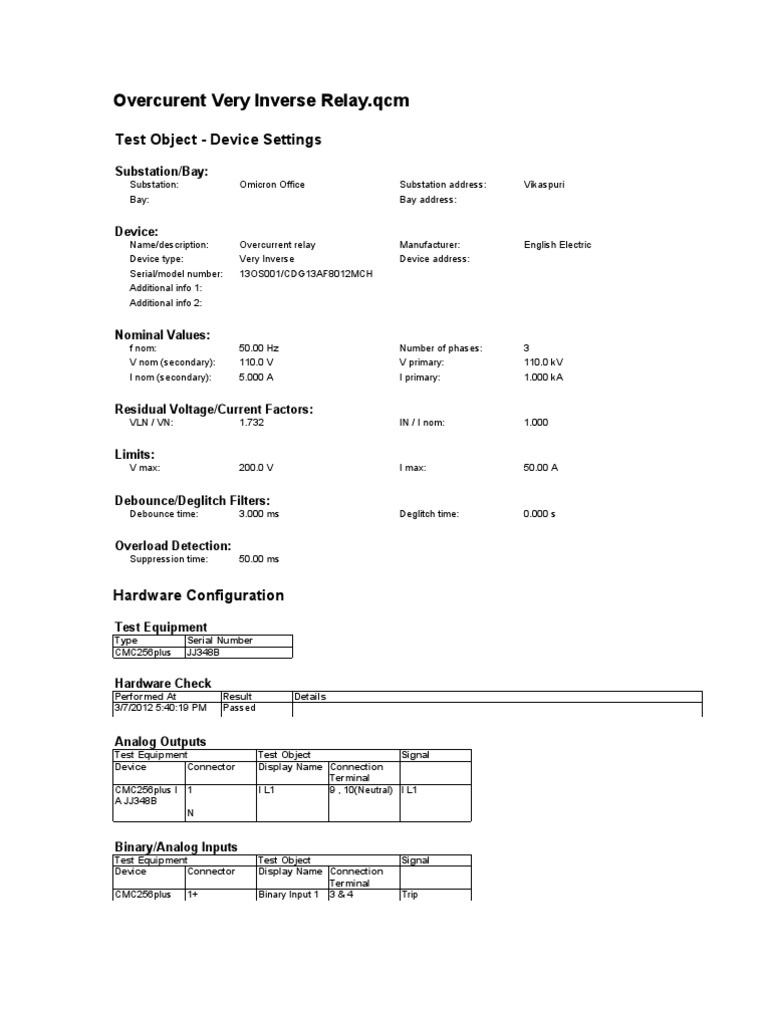 Overcurrent Relay Test Results | PDF | Relay | Electrical Substation