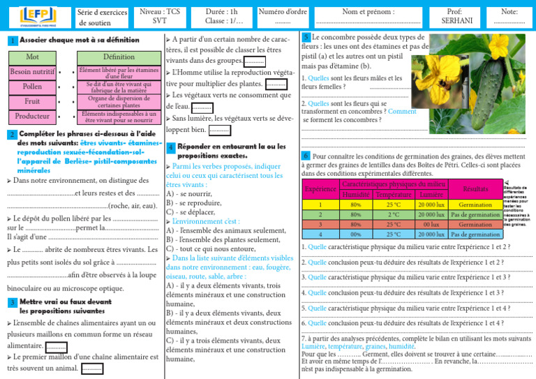 Exercices SVT : Germination et Reproduction | PDF | Fleurs | Germination