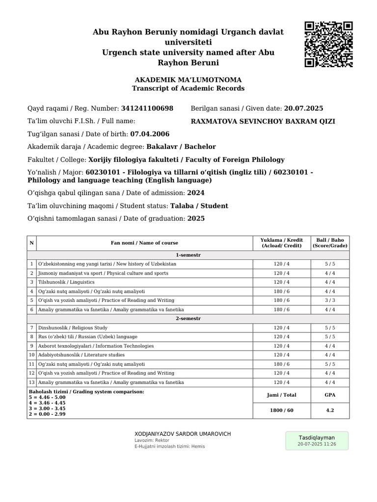 Urganch University Academic Transcript | PDF | Linguistics ...