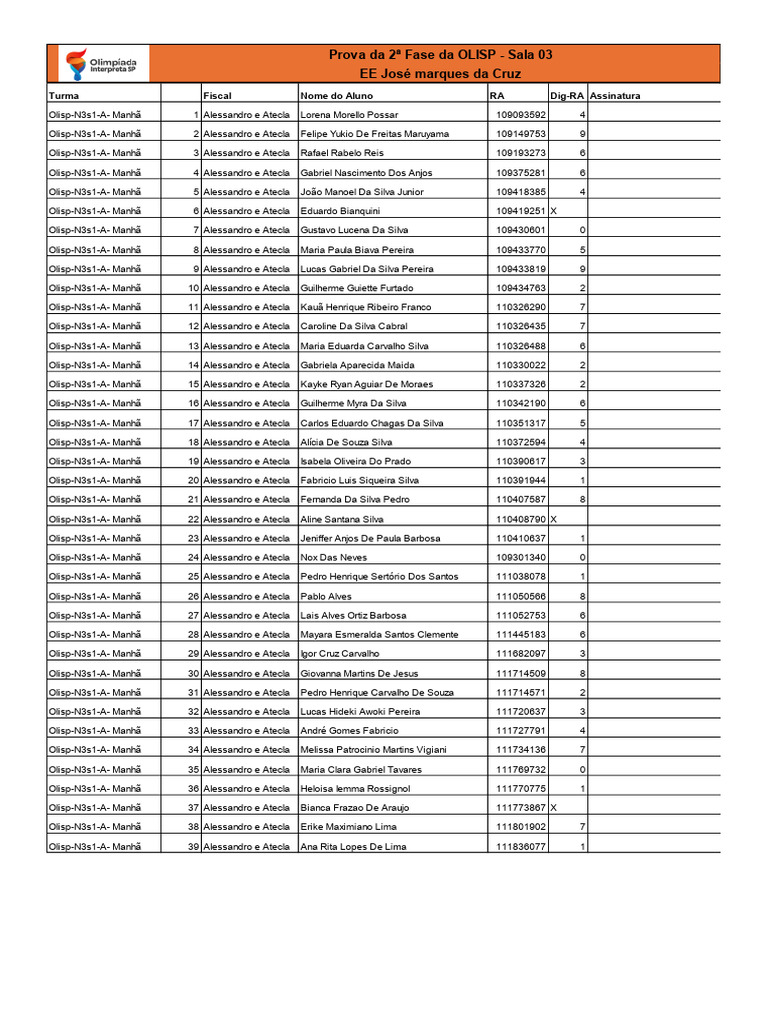 Lista de Alunos - Prova OLISP 2ª Fase | PDF