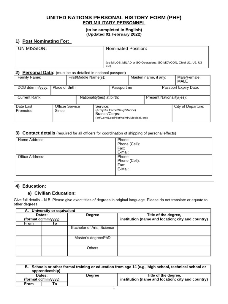 UN Personal History Form for Military | PDF | Military Rank | Officer ...