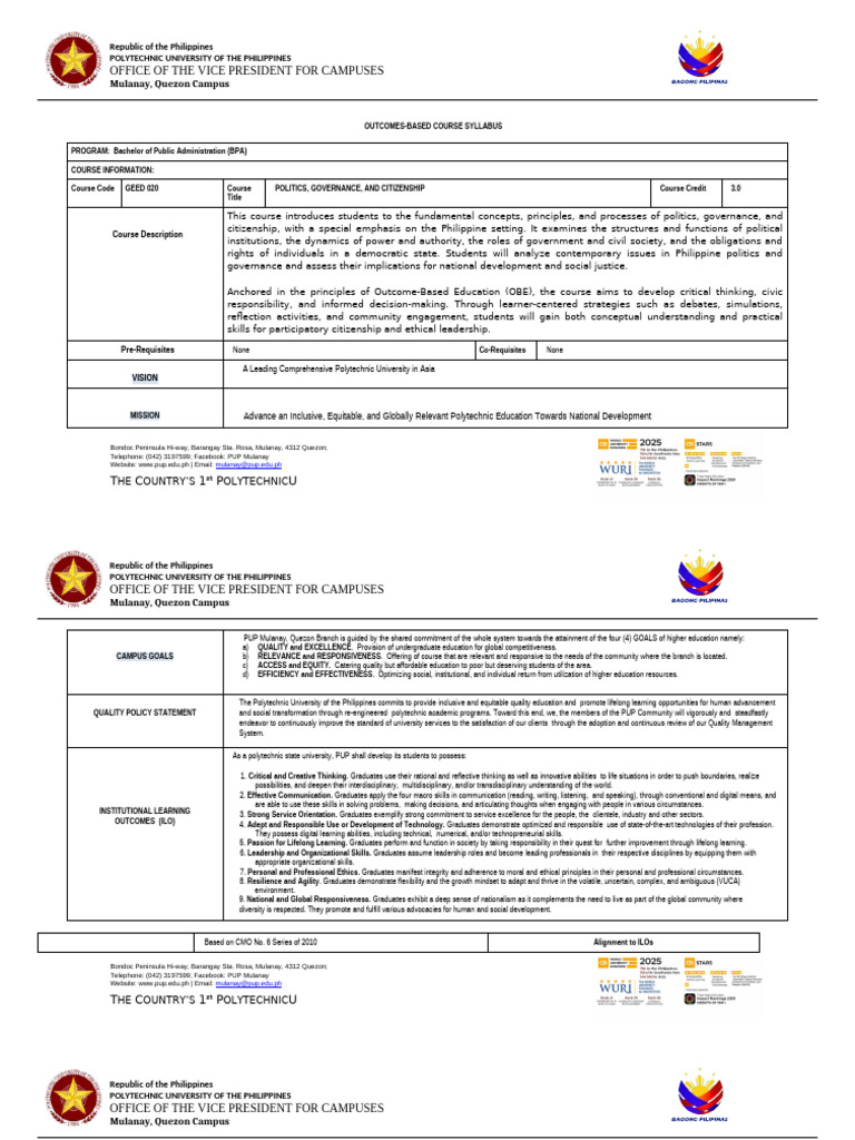 BPA Course Syllabus: Politics & Governance | PDF | Governance | Leadership