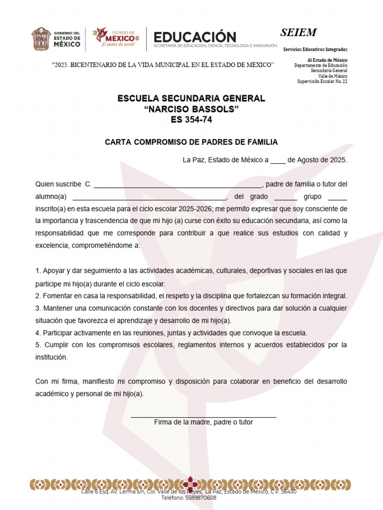 Carta Compromiso de Padres para Secundaria | PDF | Escuelas | Educación ...