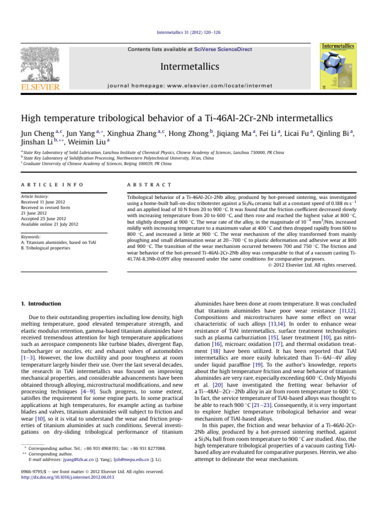 High Temperature Tribological Behavior of A Ti-46Al-2Cr-2Nb ...