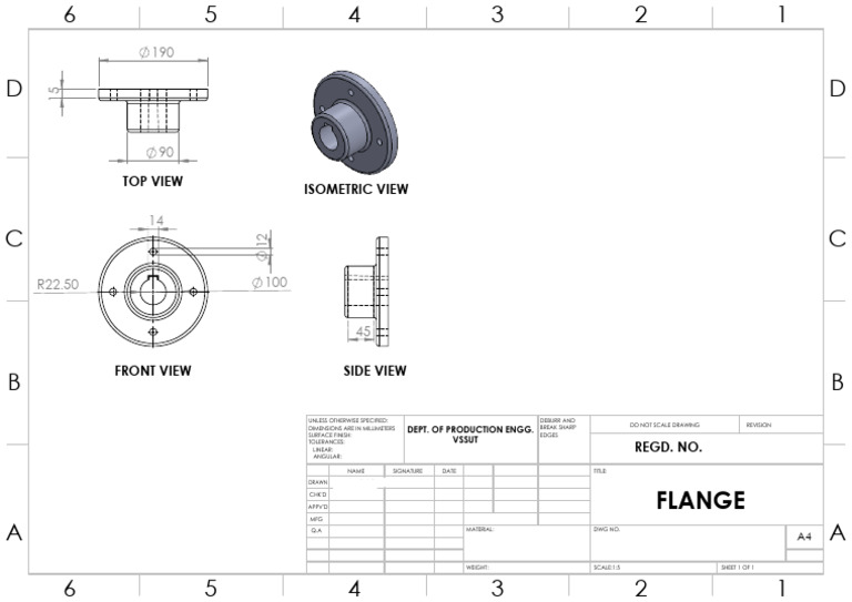 Isometric and Orthographic Views of Flange | PDF