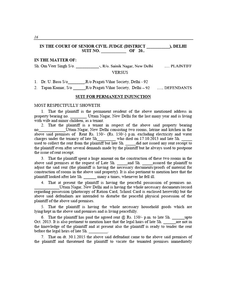 Tenant Seeks Permanent Injunction in Delhi | PDF | Lawsuit | Injunction