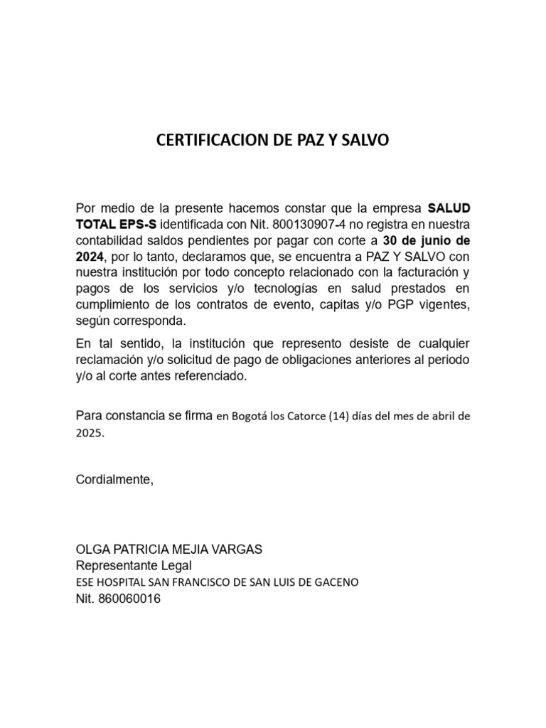 Certificación Paz y Salvo Salud Total EPS | PDF