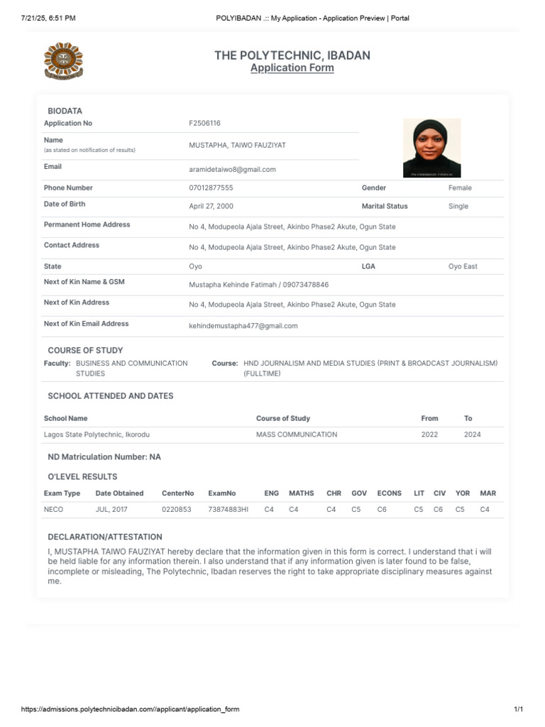 Polytechnic Ibadan Application Form | PDF