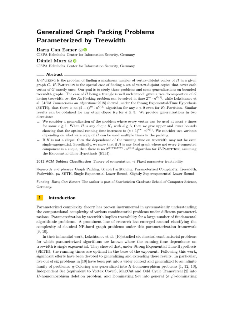 Generalized Graph Packing Problems Parameterized by Treewidth | PDF ...