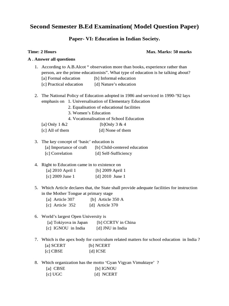 B.Ed Model Question Paper: Indian Education | PDF