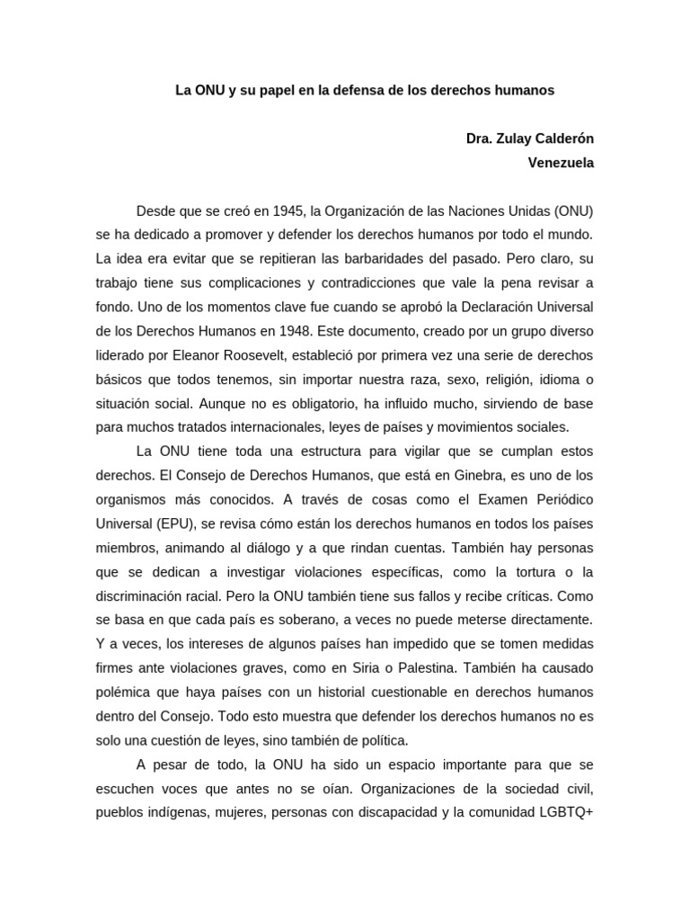 La ONU y Su Papel en La Defensa de Los Derechos Humanos | PDF ...
