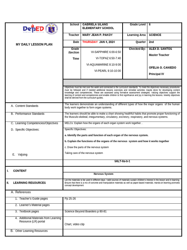 Grade 6 Science Lesson Plan: Nervous System | PDF