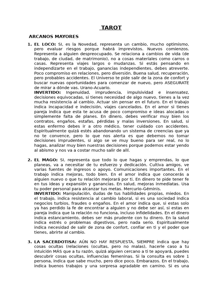 Interpretación de Arcanos Mayores del Tarot | PDF | Amor | Mente