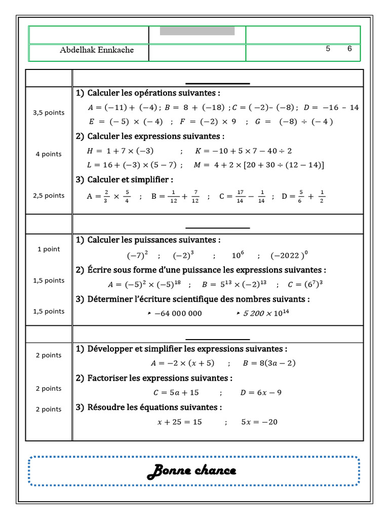 Test de mathématiques 2e année collège | PDF | Mathématiques