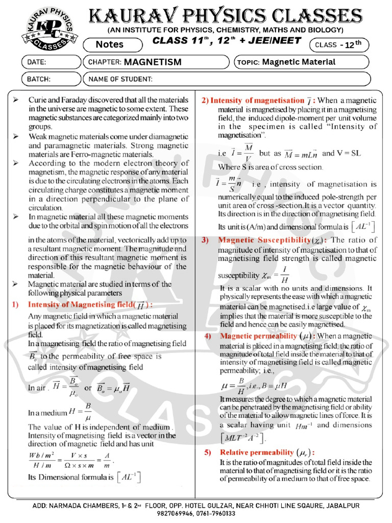 12th Grade Magnetic Material Notes | PDF
