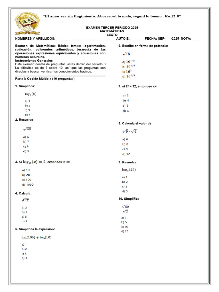 Examen de Matemáticas Sexto Grado 2025 | PDF | Matemáticas