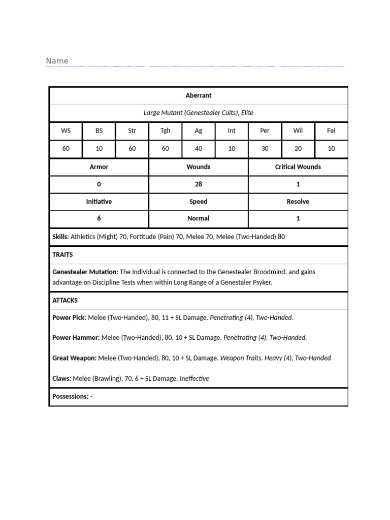 Genestealer Cults Aberrant Stats Guide | PDF