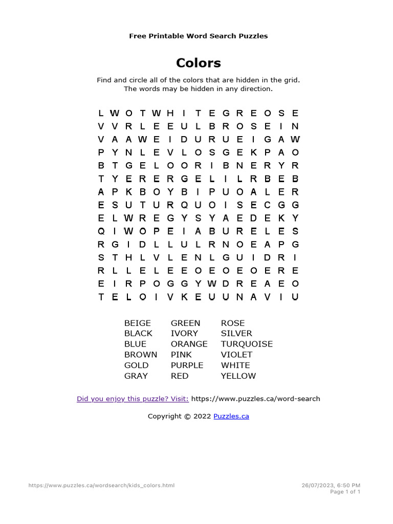 Free Color Word Search Puzzle | PDF