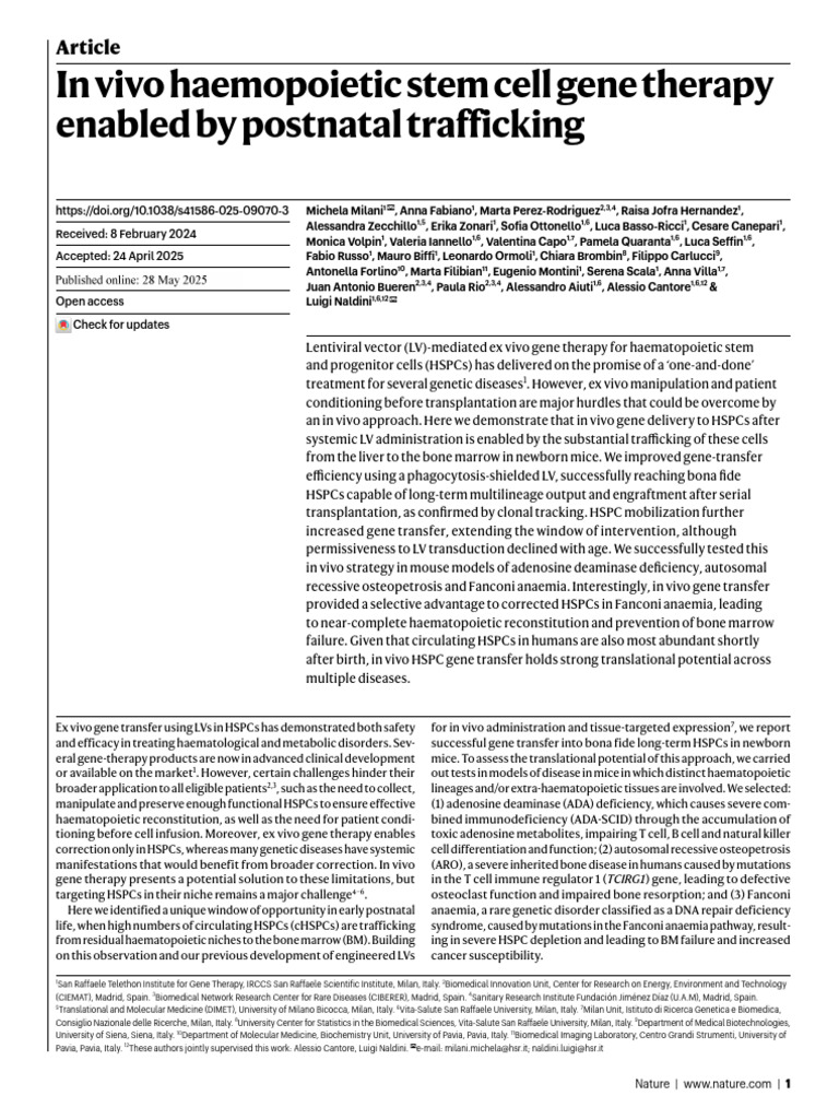 In Vivo Gene Therapy for Stem Cells | PDF | Hematopoietic Stem Cell ...