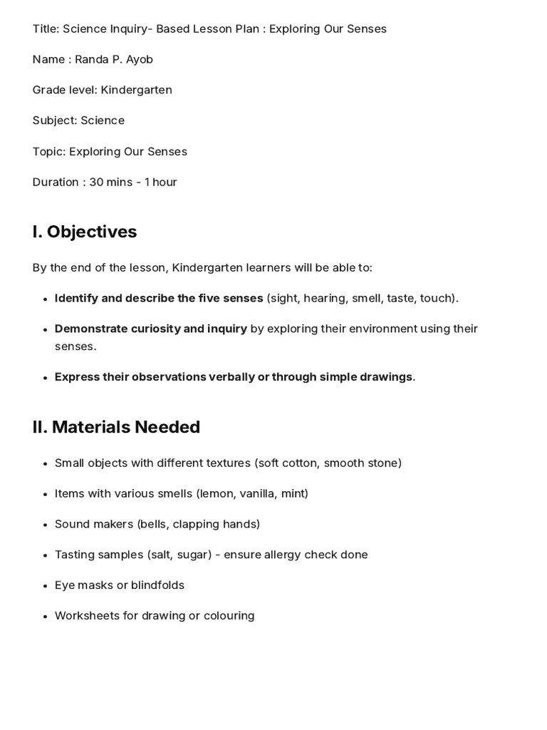 Science Inquiry - Based Lesson Plan - Exploring Our Senses | PDF ...