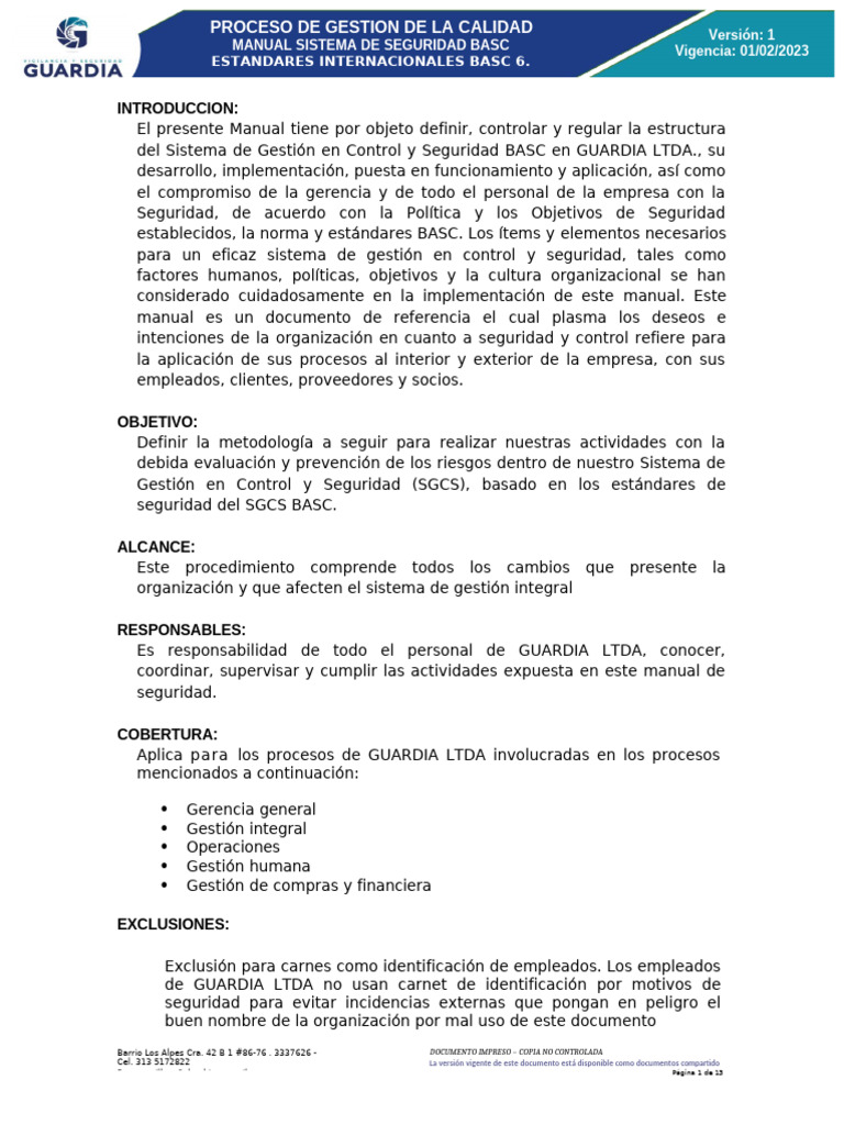Manual de Seguridad BASC para Guardia LTDA | PDF | Auditoría | Gestión ...