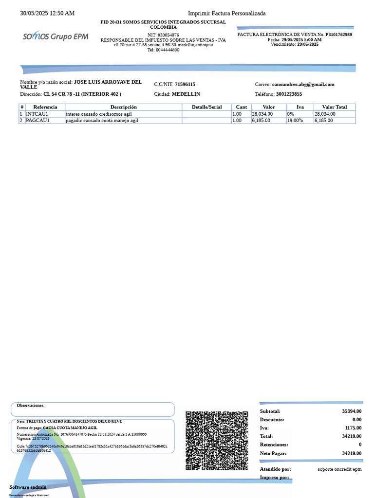 Factura Electrónica FID 20431 Colombia | PDF | Pagos