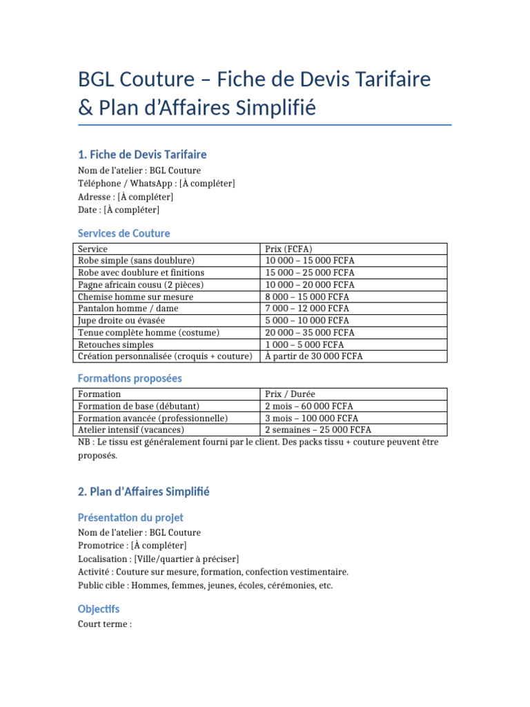Devis et Plan d'Affaires BGL Couture | PDF | Couture | Vêtements