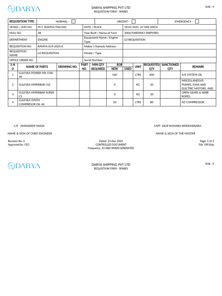 Spare Parts Requisition for MT Ramya | PDF | Manufactured Goods | Ships